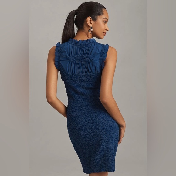NWT! By Anthropologie Blue Ruffle-Trim Textured Mini Dress - Size Small 🏀 - Picture 2 of 5